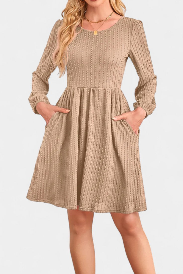 Dorothée Long Sleeve Textured Flared Dress with Round Neck
