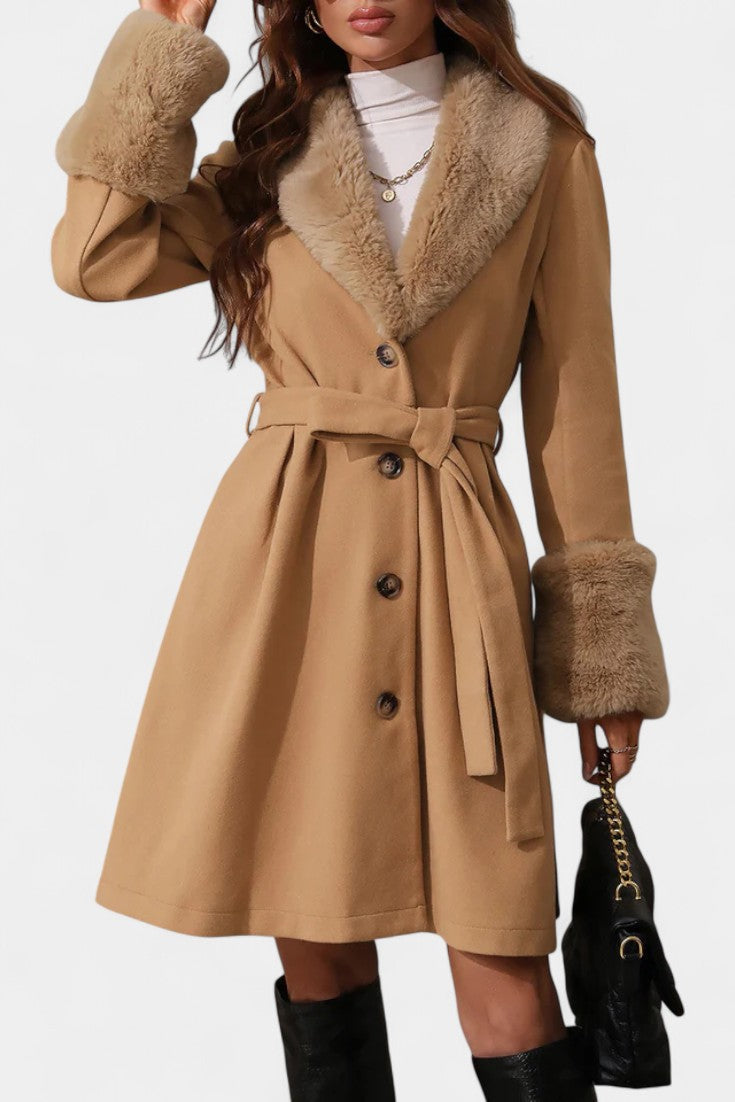 Colombine Belted Trapeze Coat with Faux Fur Accents