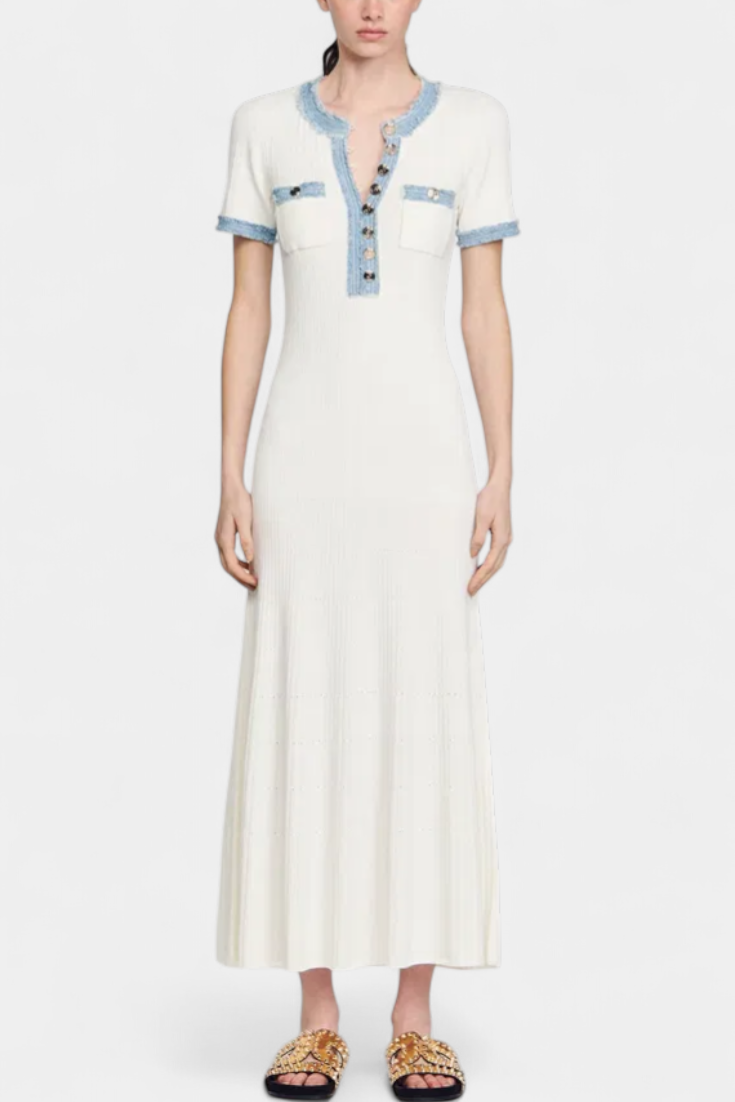 Alexia Knit Polo Dress with Open Collar and Button Accents