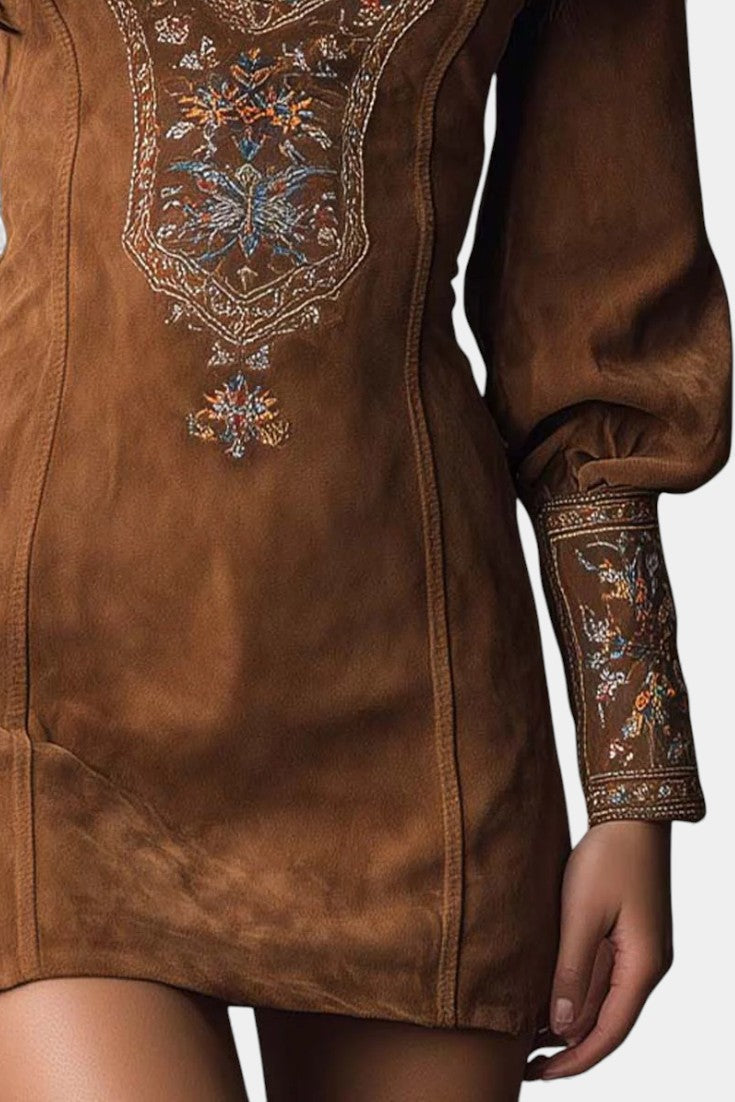 Embroidered Suede Anceline Mini Dress with a Vintage Flair