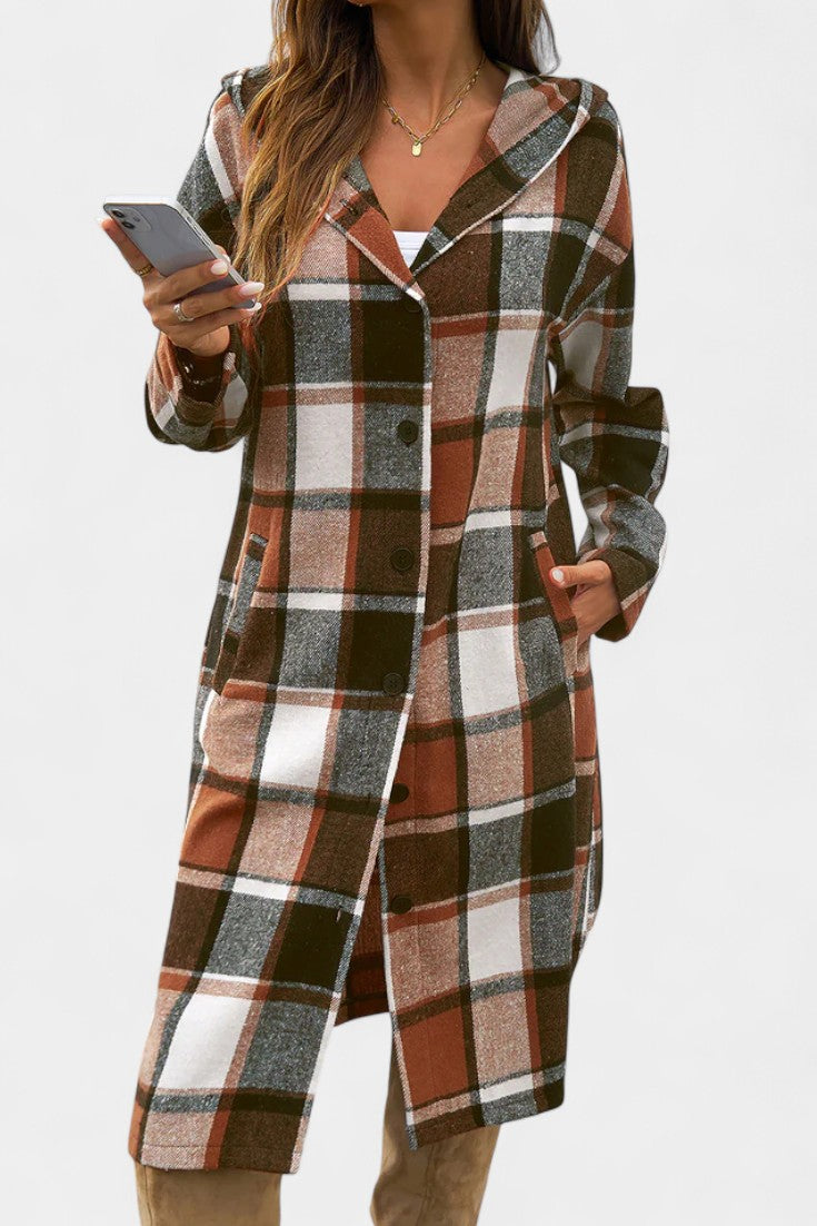 Sandrine Plaid Hooded Jacket with Brushed Texture and Button Closure