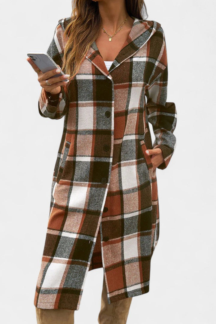 Sandrine Plaid Hooded Jacket with Brushed Texture and Button Closure