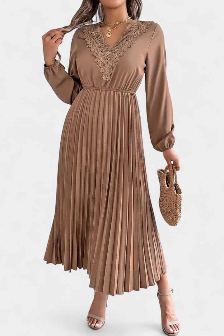 Séverine V-Neck Lace Dress with Long Puff Sleeves and Pleated Design