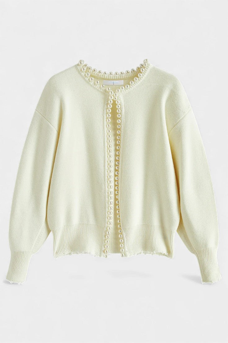 Beaded Edge Knit Cardigan with Frayed Hem by Prisette