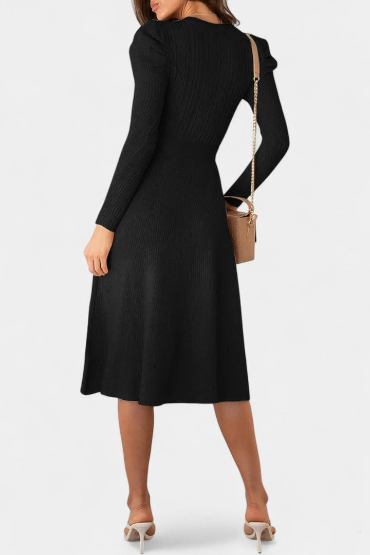 Évoria Puff Sleeve Midi Knit Dress with Lace Accents