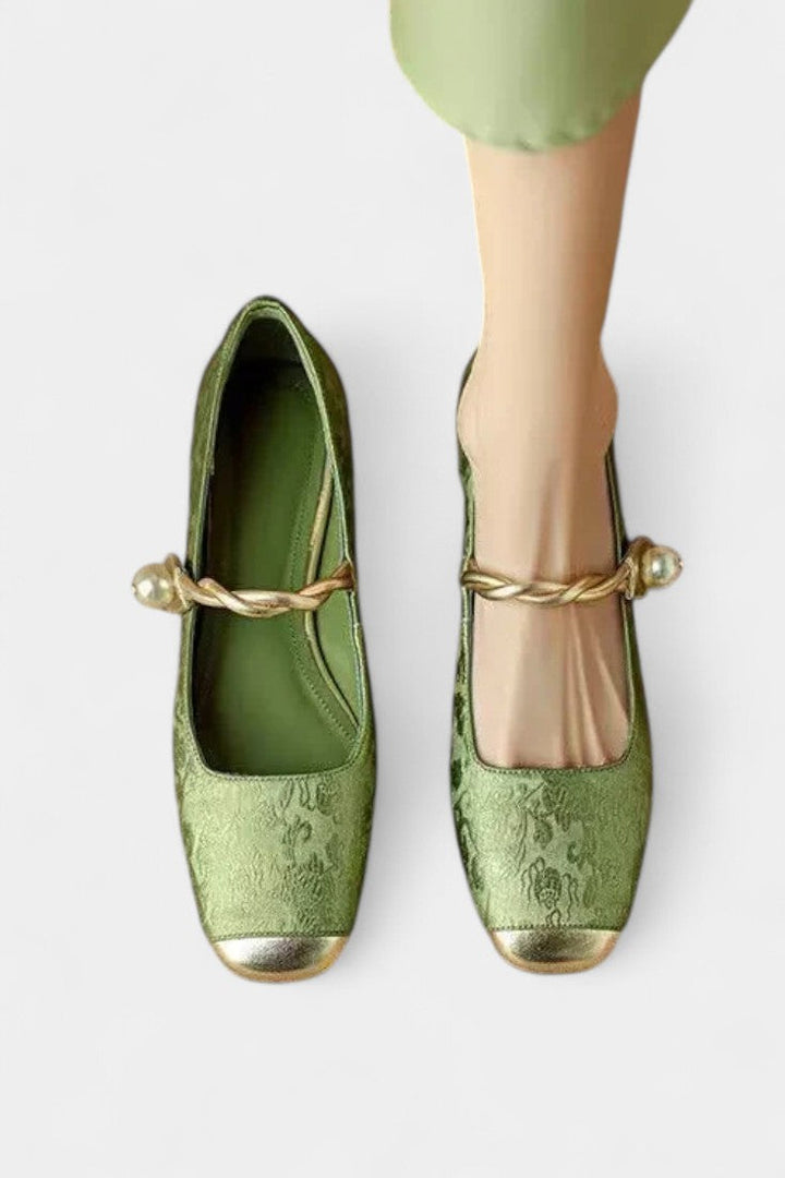 Mestelle Patent Leather Mary Janes with Square Heels and Beaded Accents