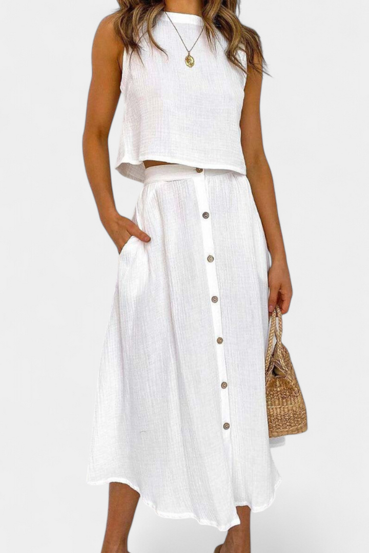 Naha Casual Cotton Ensemble with Center Button Detail and Midi Skirt