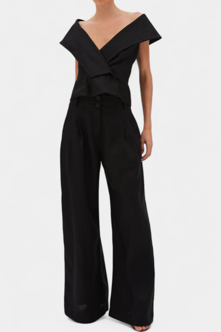 Hayden Ensemble Structured Top with Wrap Neck and Palazzo Pants