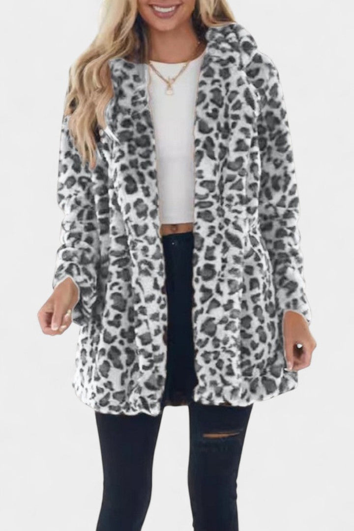 Énola Leopard Print Faux Fur Coat with Pockets - Long Style