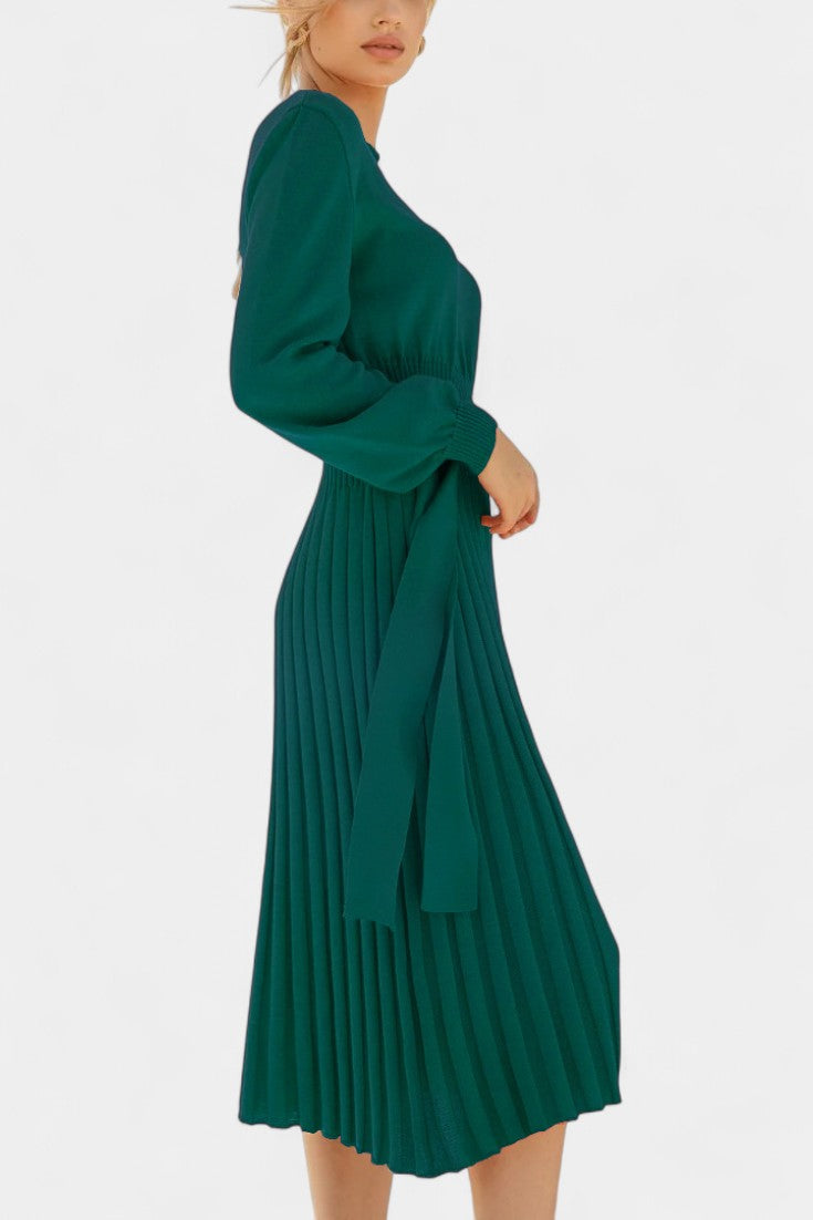 Chloéria Belted Midi Dress with Pleated Design and Ribbed Knit
