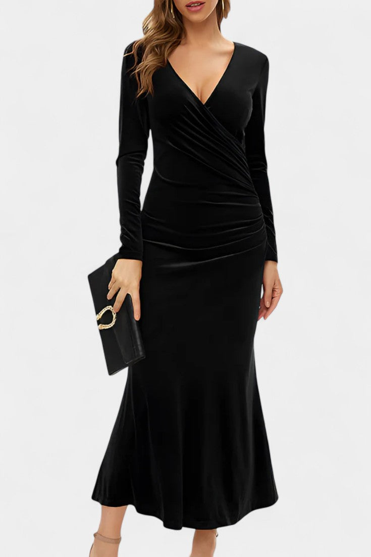 Hesperia Asymmetrical Ruching Velvet Dress with Mermaid Hem