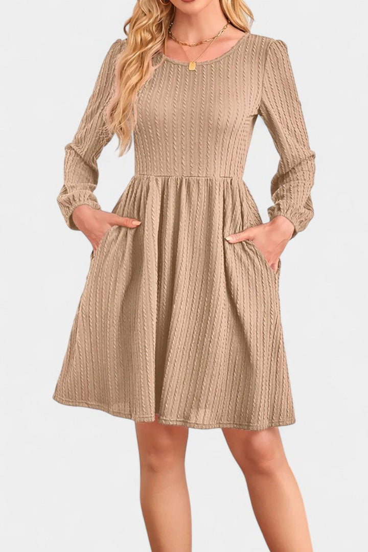 Dorothée Textured Flared Dress featuring Round Neck and Long Sleeves