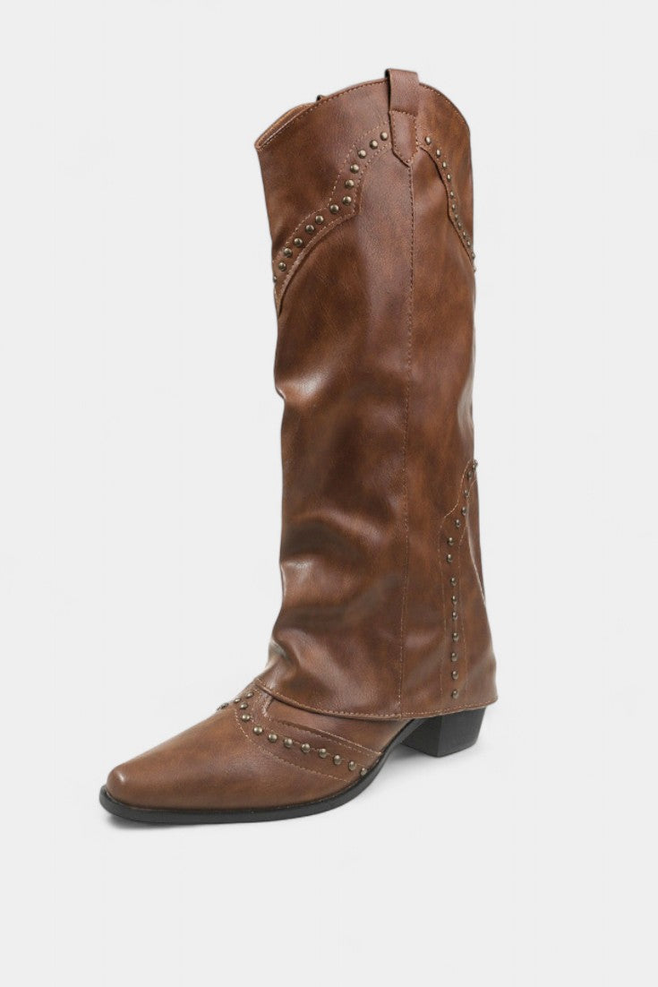 Faulen Pointed Toe High Heeled Boots with Vintage Metallic Accents