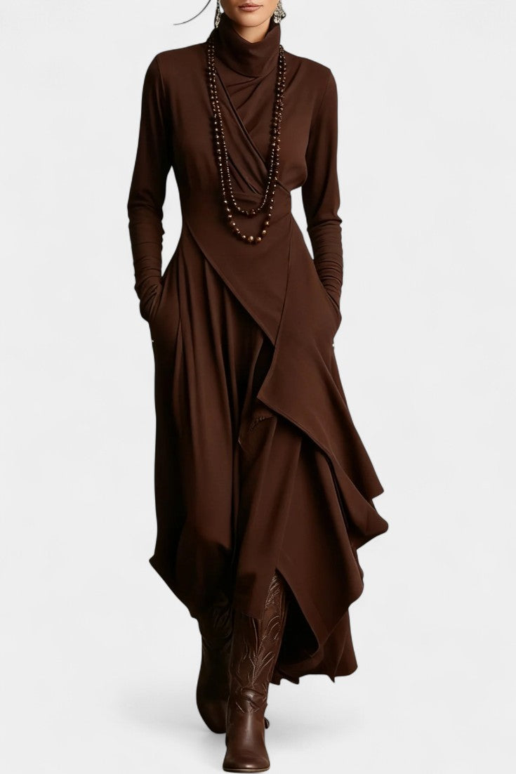 Ébeline High-Collar Asymmetrical Pleated Maxi Dress