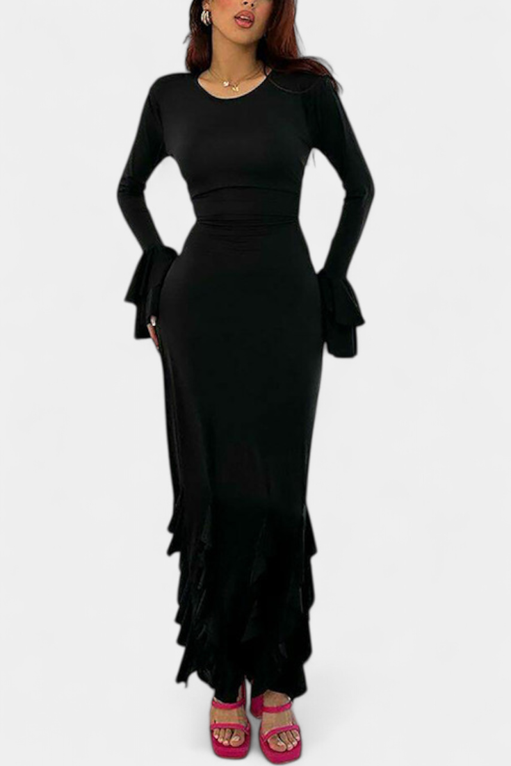 Calissa Long Fitted Dress Featuring Flared Sleeves and Flowing Ruffles