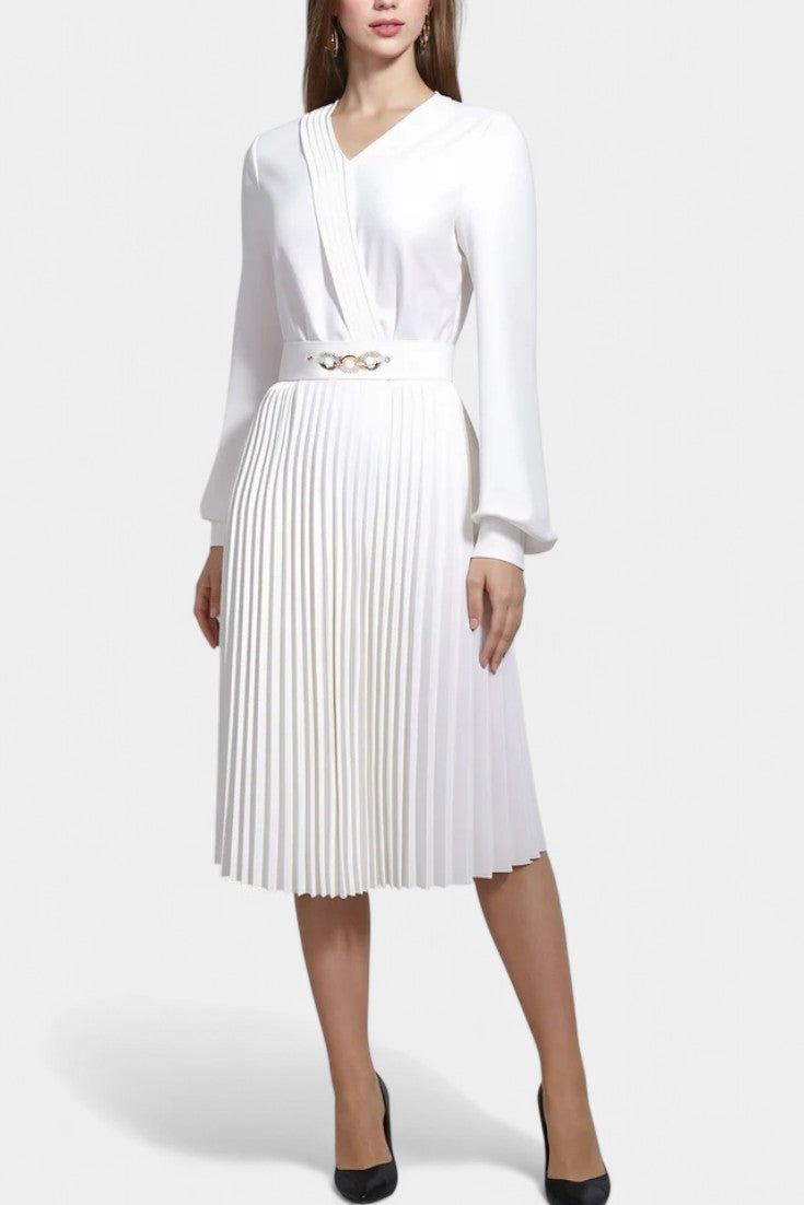 Lucie Long Sleeve Midi Dress with Pleats and Belt