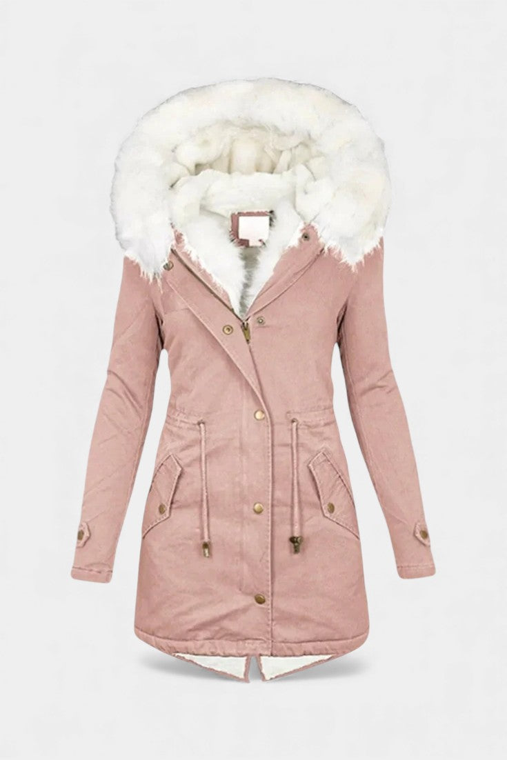 Lanra Faux Fur Trim Hooded Winter Parka with Belt