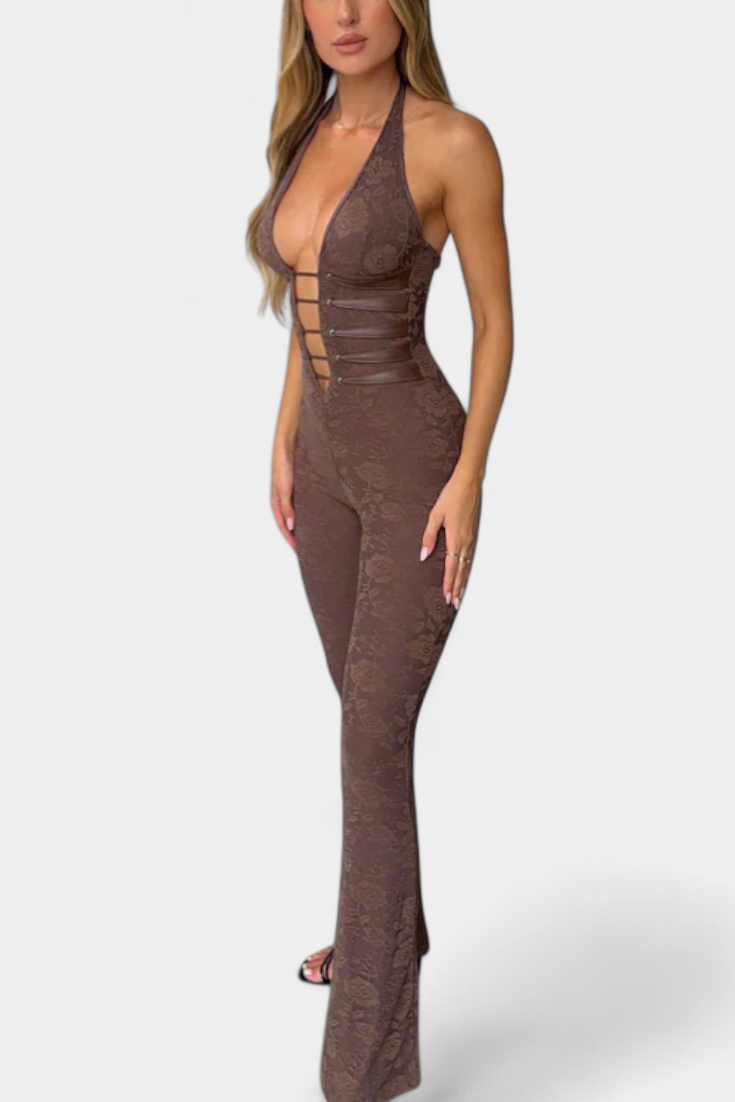 Kendra Floral Lace Halter Jumpsuit Featuring an Open Back