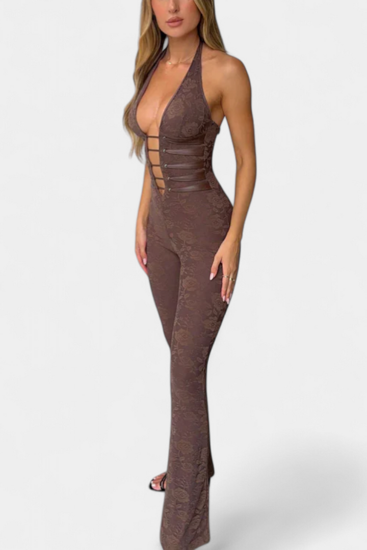 Kendra Floral Lace Halter Jumpsuit Featuring an Open Back