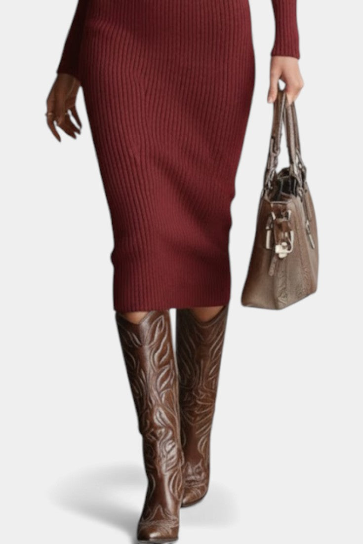 Susana Fitted Midi Knit Dress with Half-Roll Collar and V-Neck - Beltless Design