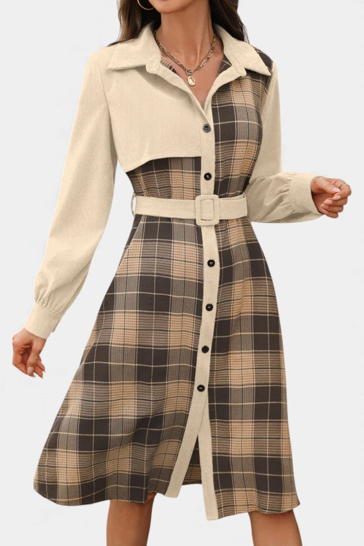 Naïla Checkered Shirt Dress with Belt - Mid-Length Style