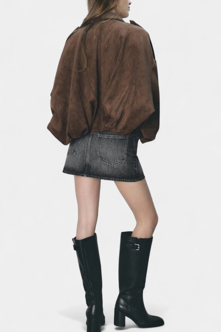 Monnie Suede Oversized Bomber Jacket with Structured Shoulders