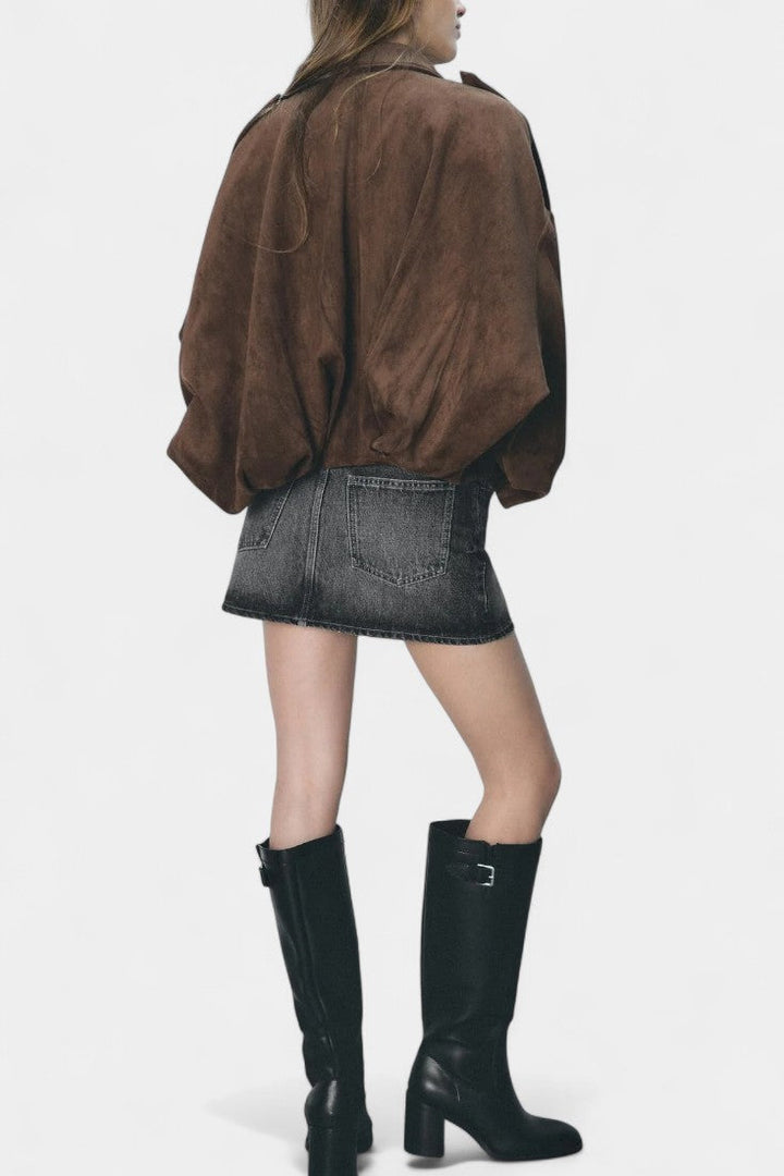 Monnie Suede Oversized Bomber Jacket with Structured Shoulders