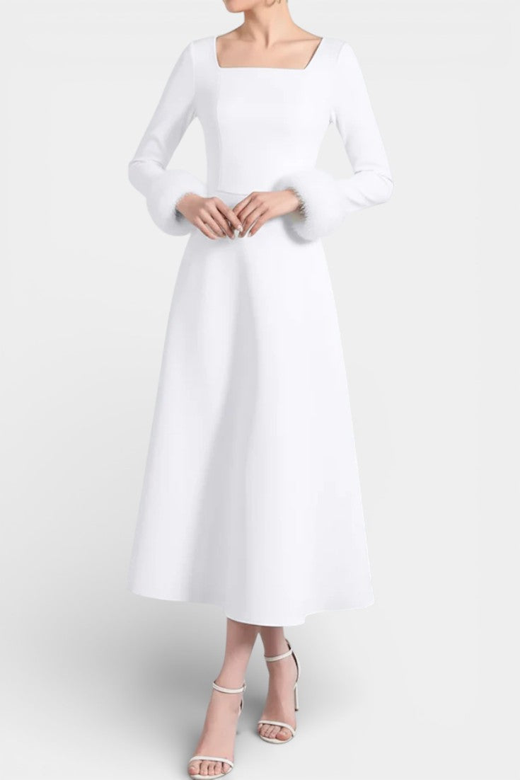 Alicia Flared Dress featuring Square Neckline and Faux Fur Patchwork Sleeves