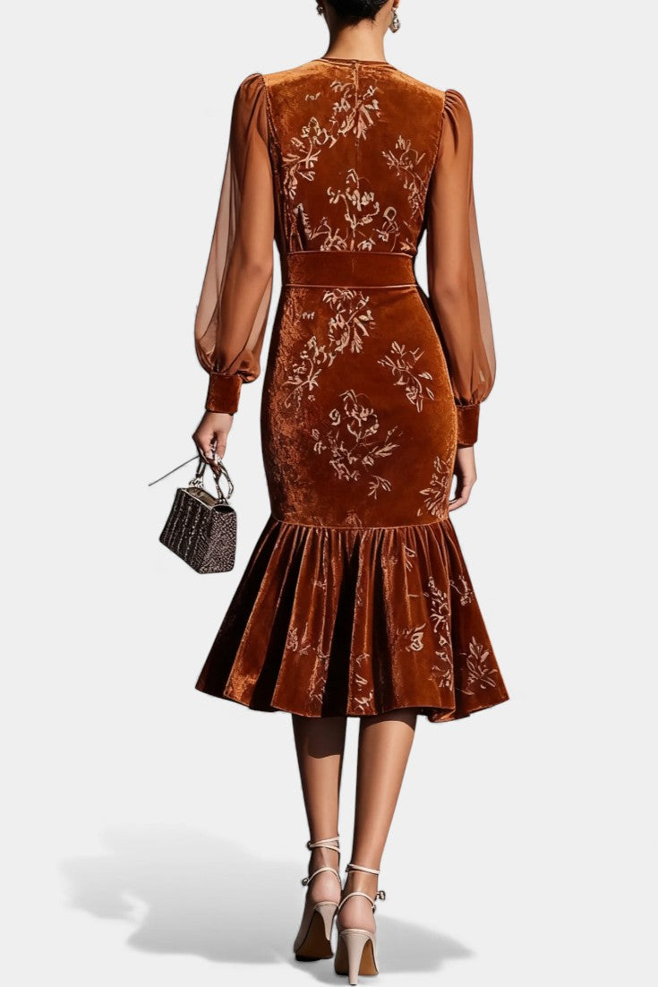 Mavluda Puff Sleeve Midi Mermaid Dress with Round Neck