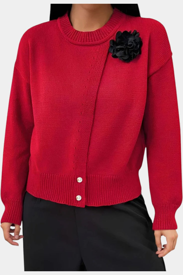 Carole Solid Color Knitted Sweater with Button Accents and Floral Embellishments