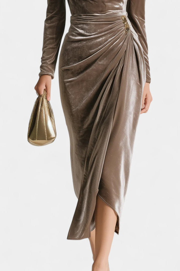 Chérane Velvet Midi Dress with Ruched Neckline and Tulip Hem