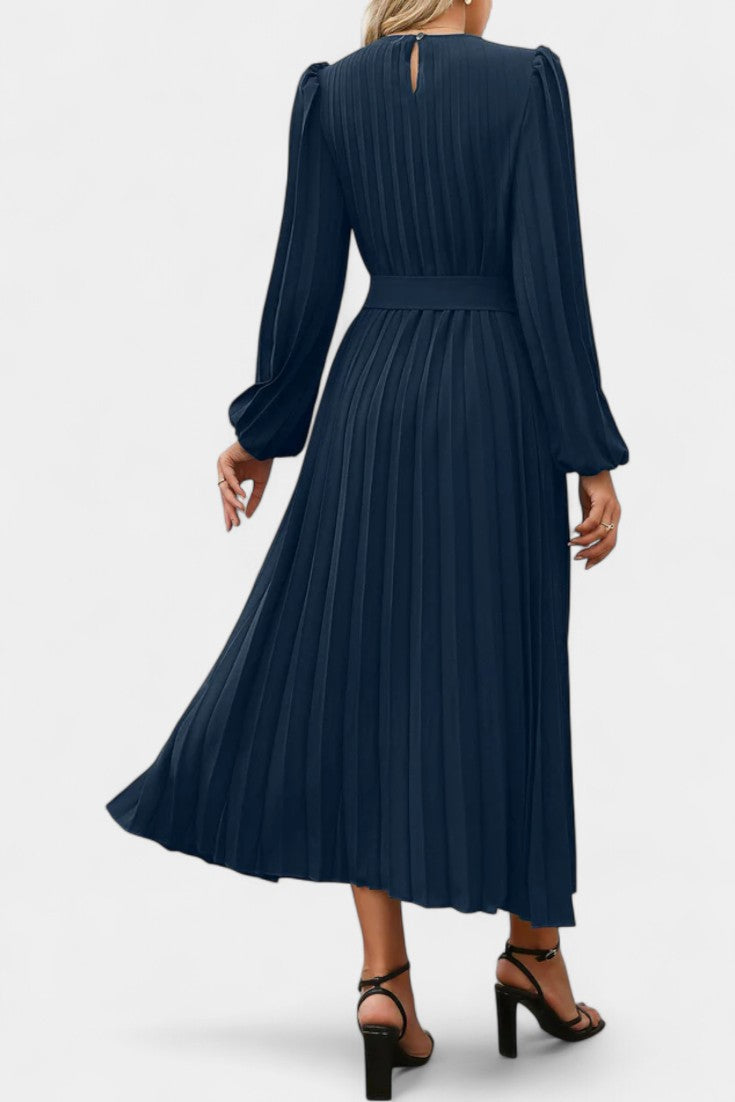 Christelle Puff Sleeve Long Pleated Dress with Belt