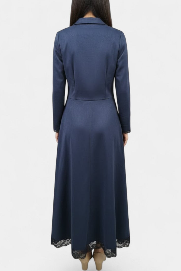 Suede Long Robe with Shirt Collar and Lace Details