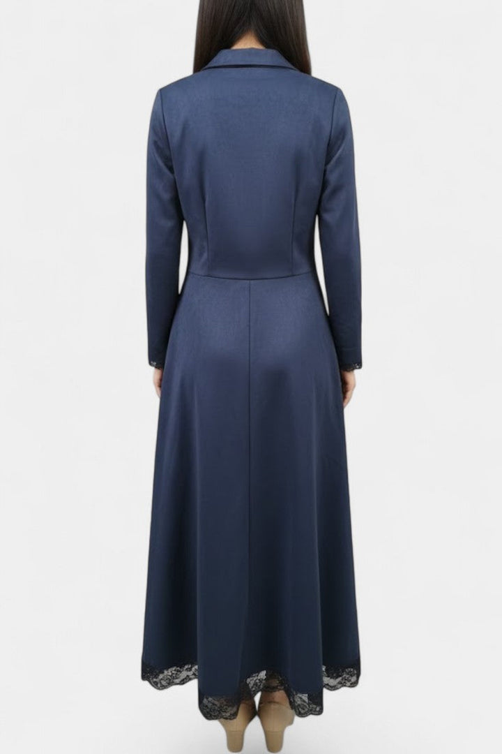 Suede Long Robe with Shirt Collar and Lace Details