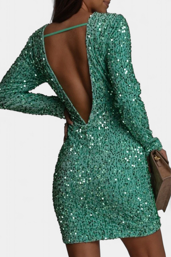 Adèle V-Neck Long Dress with Open Back and Glossy Finish