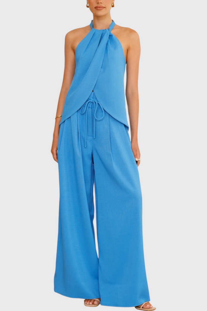 Bernadina Linen Ensemble: Front Neckline Top with Wide Leg Pants