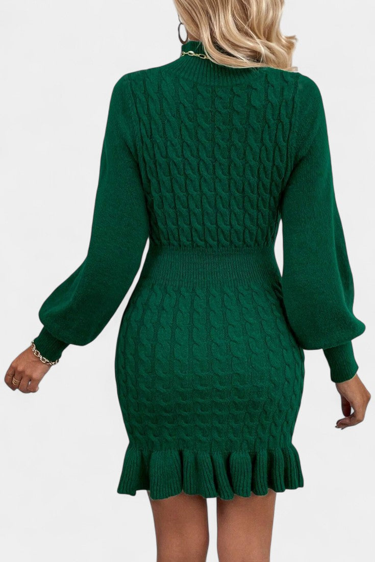Eglantina High Neck Mini Bodycon Knit Dress with Ruffle Details