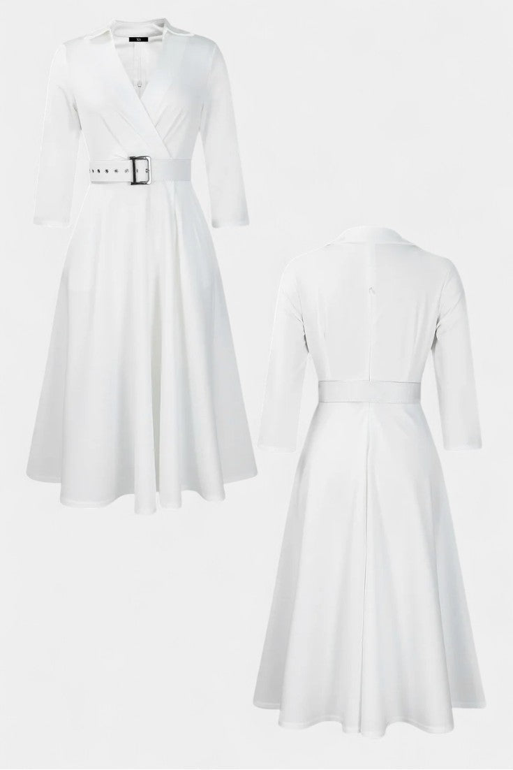 Constance Tailored Collar Midi Dress with 3/4 Sleeves and Belt