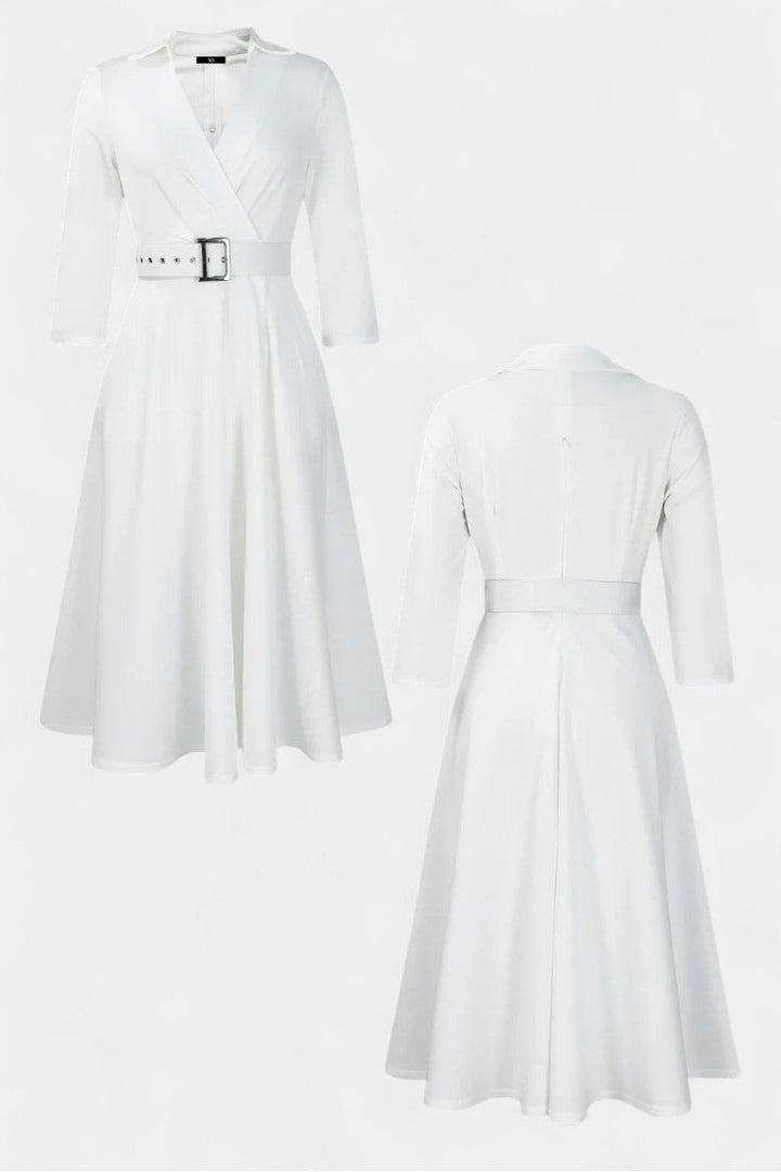Constance Tailored Collar Midi Dress with 3/4 Sleeves and Belt