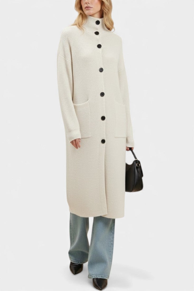 Clarisse Long Knit Coat Featuring a Cozy Turtleneck and Button Closure