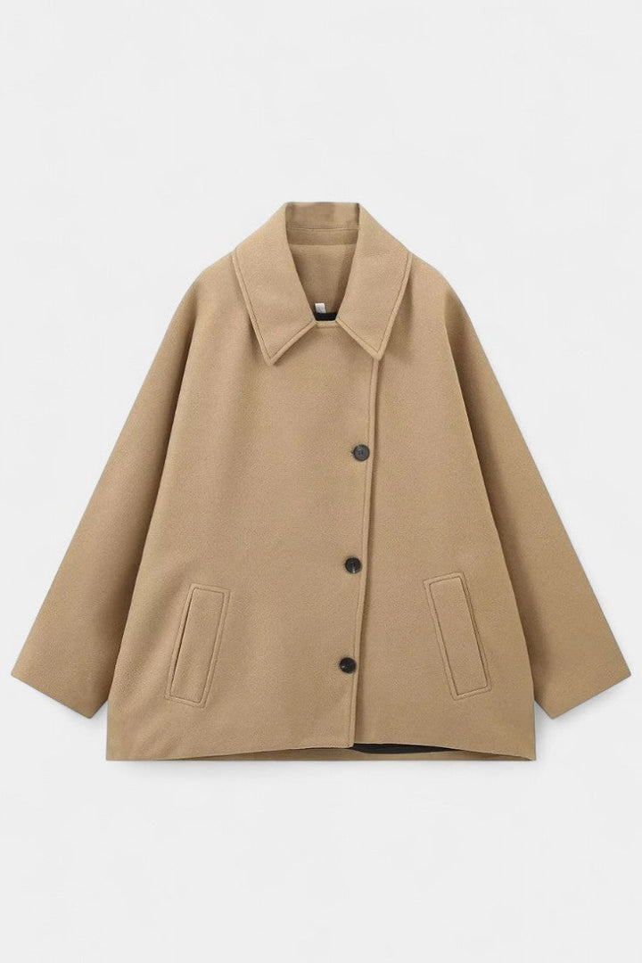 Ambreline Wool Coat with Notched Collar and Mid-Length Batwing Sleeves