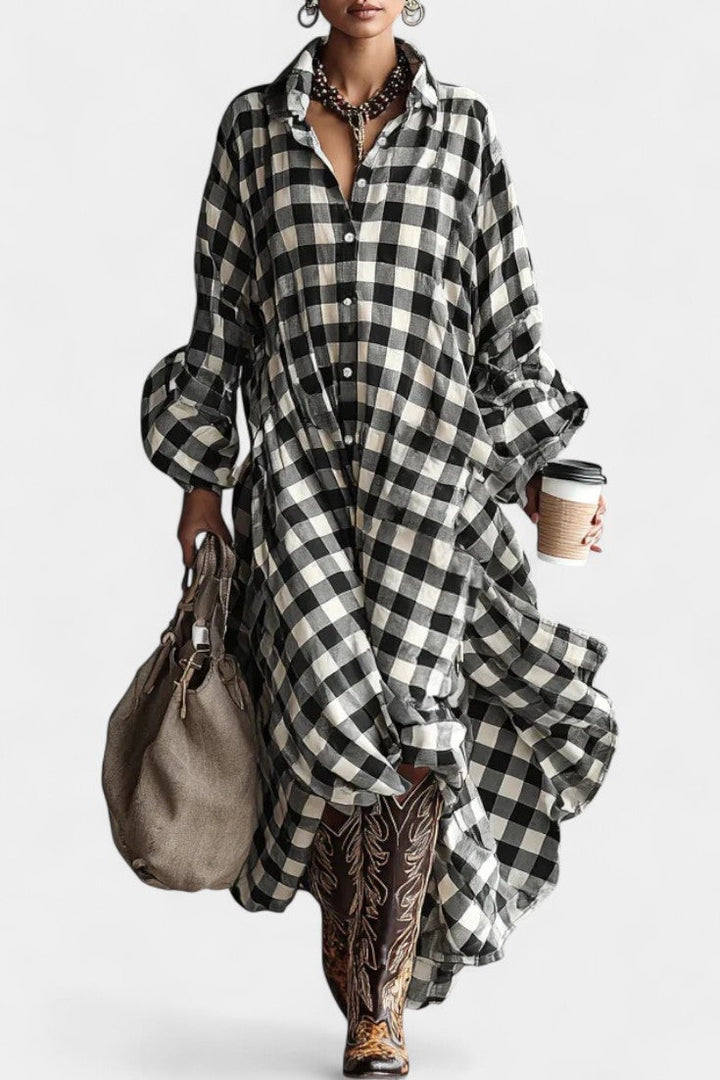 Fluid Cut Jett Black and White Checkered Shirt Dress