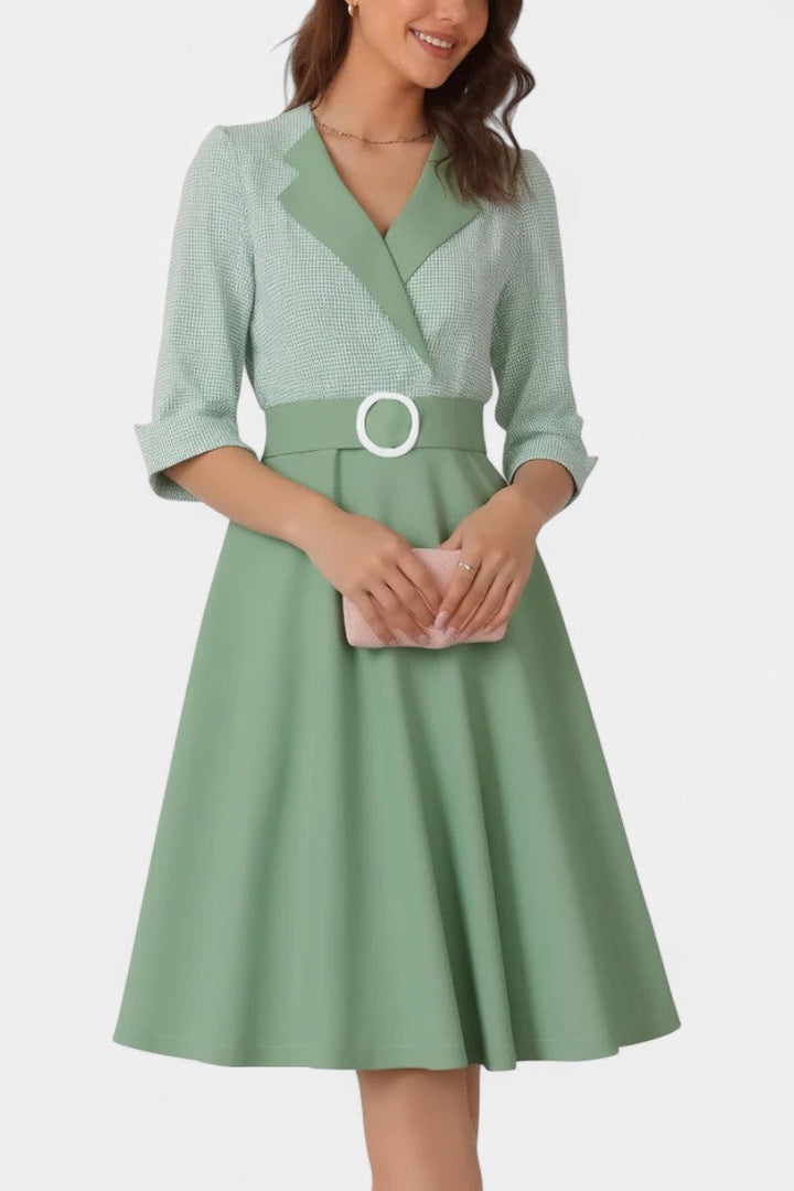 Two-Tone Maria Midi Blazer Dress with Circle Belt