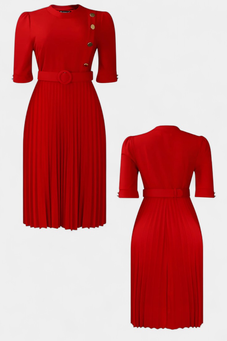 Zandie Chic Pleated Dress Featuring Stylish Button Accents