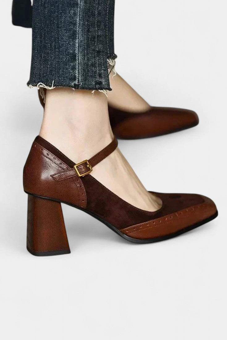 Florence Mary Janes with Square Toe and Chic Brogue Accents