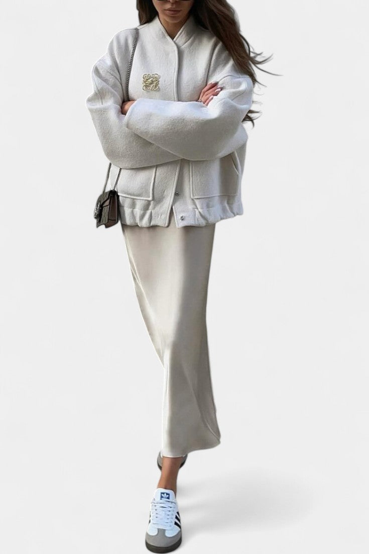 Amandine Short Baseball Jacket with 3D Embroidery and Ribbed Details