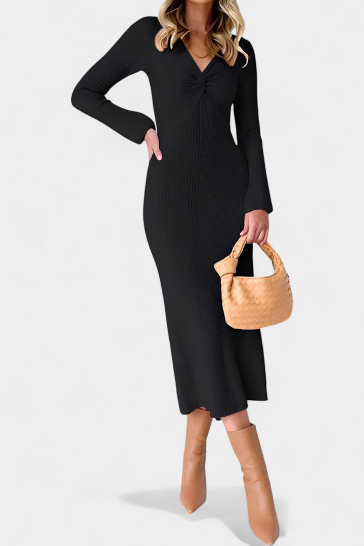 Mélusine Ruched V-Neck Long Sleeve Fitted Knit Dress