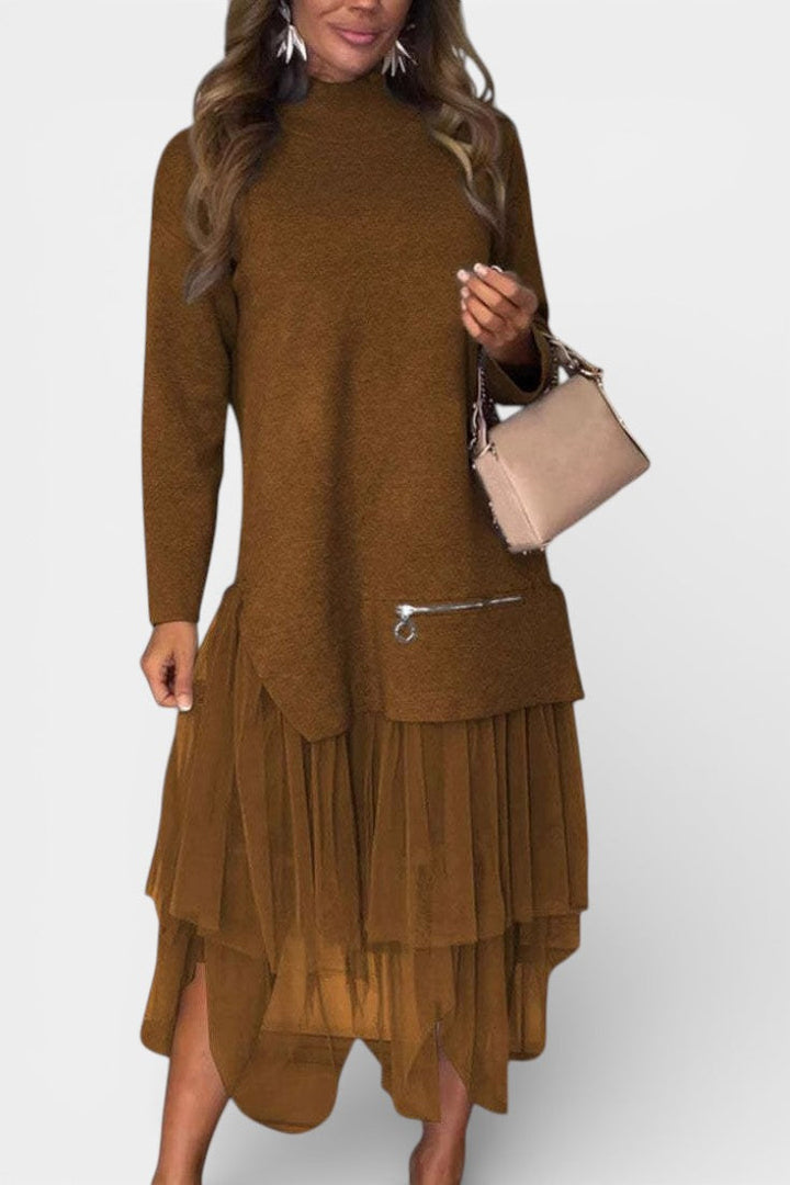High Collar Fiorenza Knit and Tulle Dress