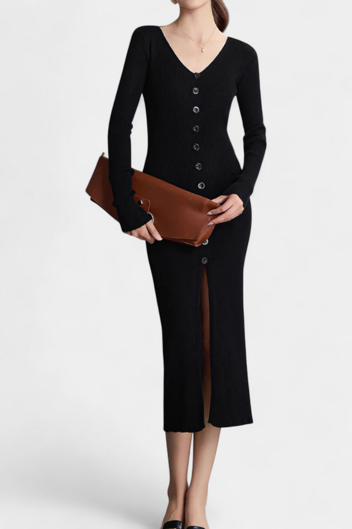 Nadège V-Neck Midi Knitted Dress with Chic Button Details