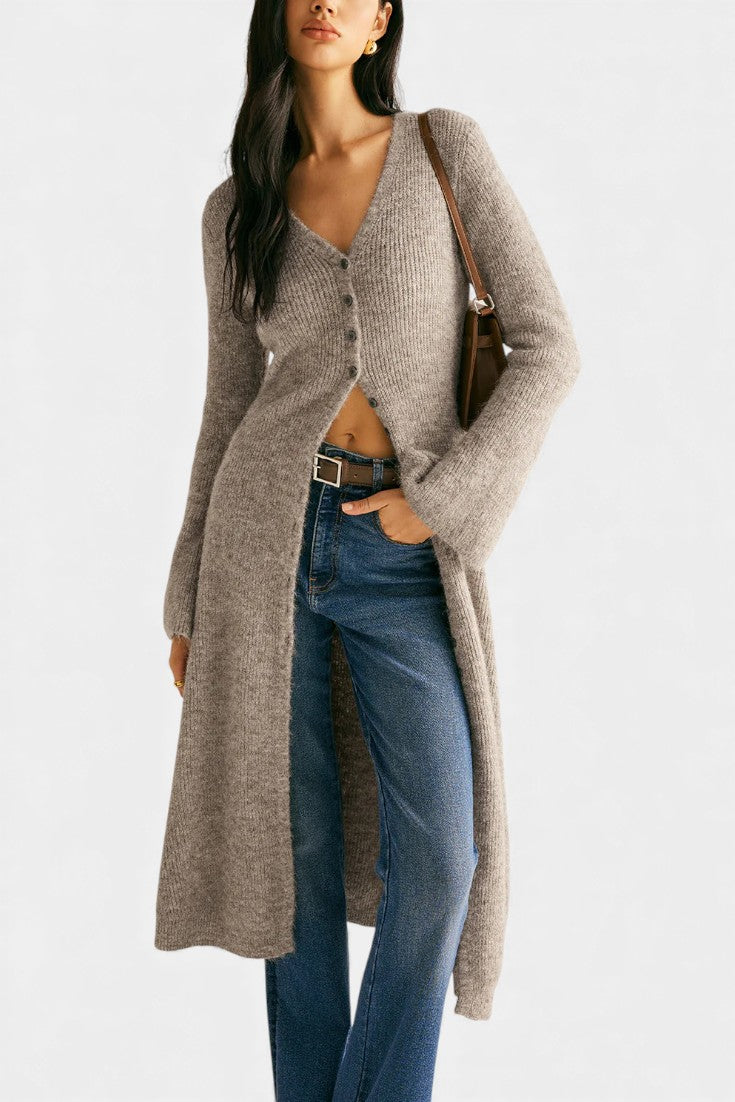 Dorénia V-Neck Midi Sweater Dress with Side Slit